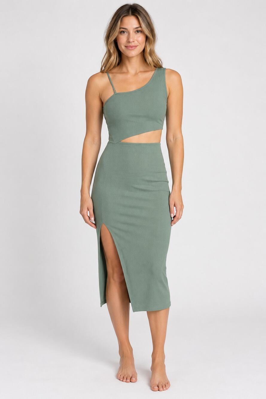 Lyaner Sage Green Rib Necked Cutout Side Slit Bodycon Maxi Dress Size S